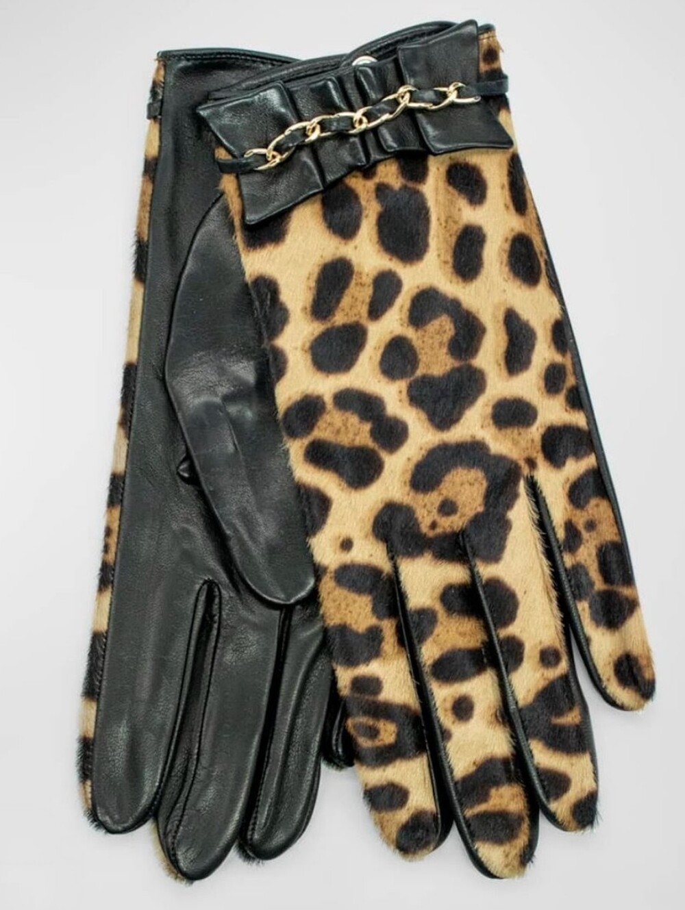 Portolano Ruffle Chain Leopard-Print Nappa Leather Gloves
